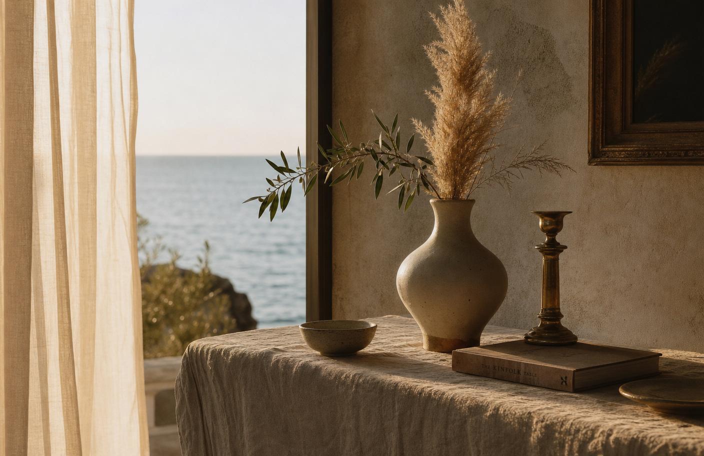 Editorial still life with a ceramic vase, dried pampas grass, olive branch, brass candlestick and linen curtains overlooking a calm sea