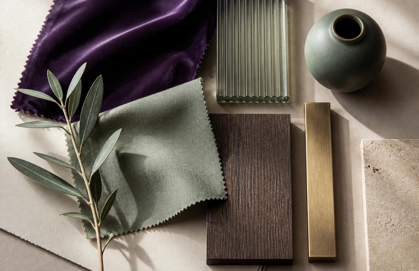 Tactile interior moodboard — travertine, burl walnut, bronze, rust mohair