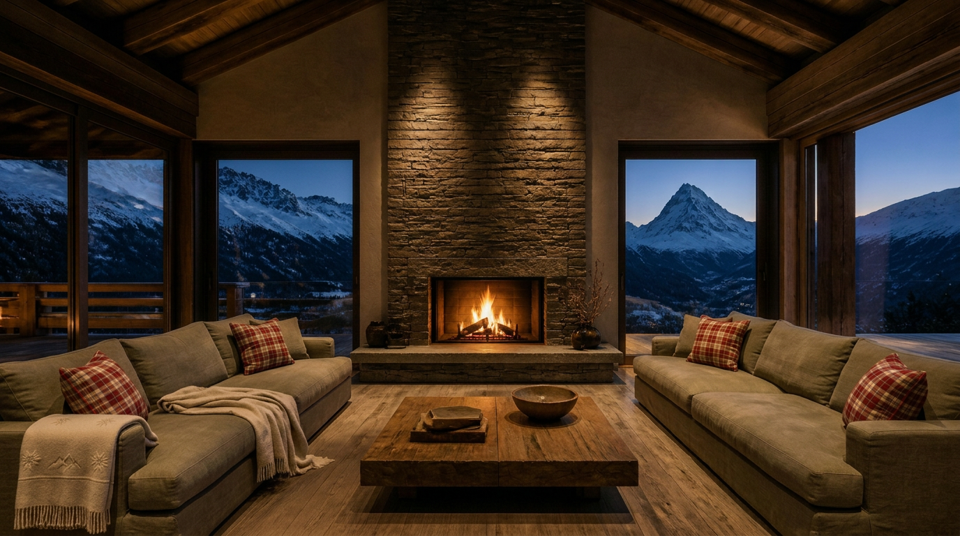 Alpine chalet lounge — two sofas facing a warmly burning fireplace, soft evening light and panoramic mountain view