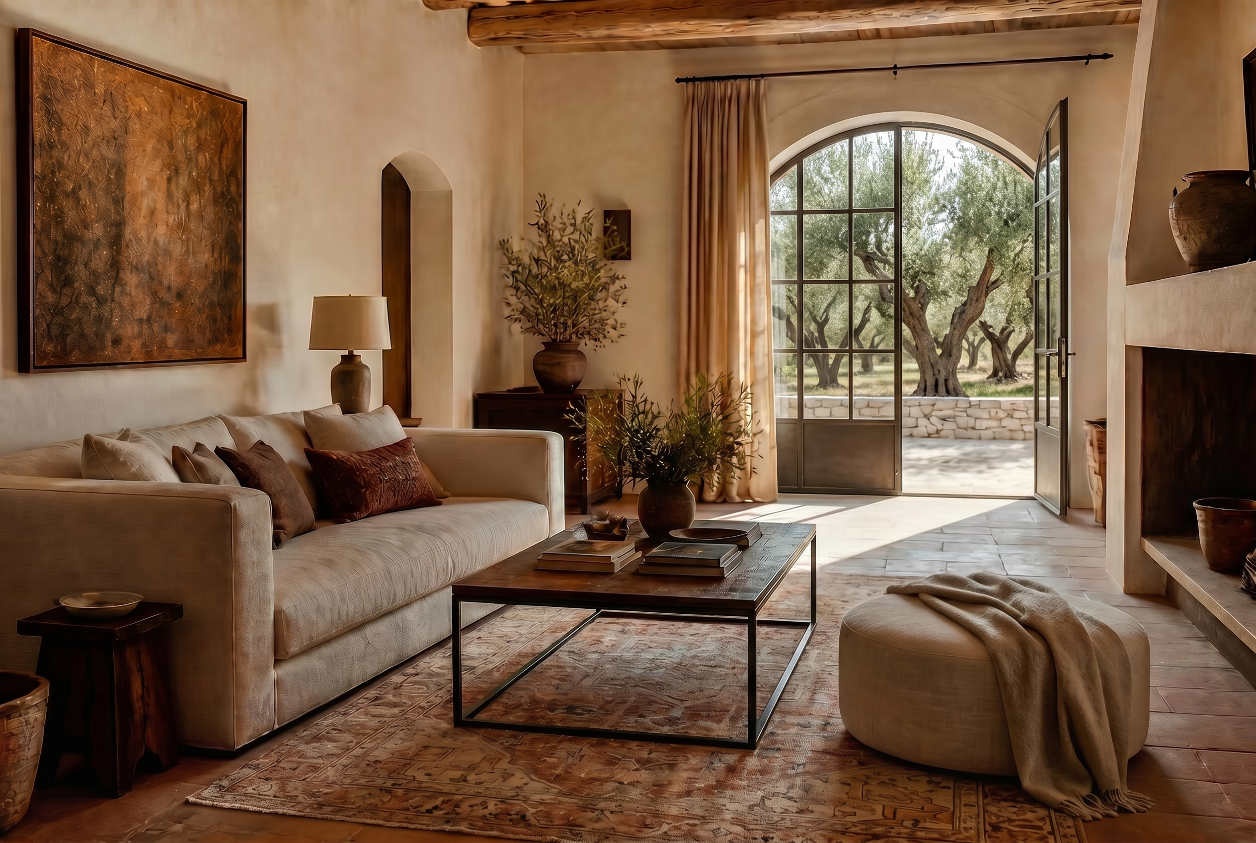 A refined Mediterranean French country living room — limewashed walls, oak beams, terracotta tiles, linen sofa with matching pouf, arched window opening to an olive grove