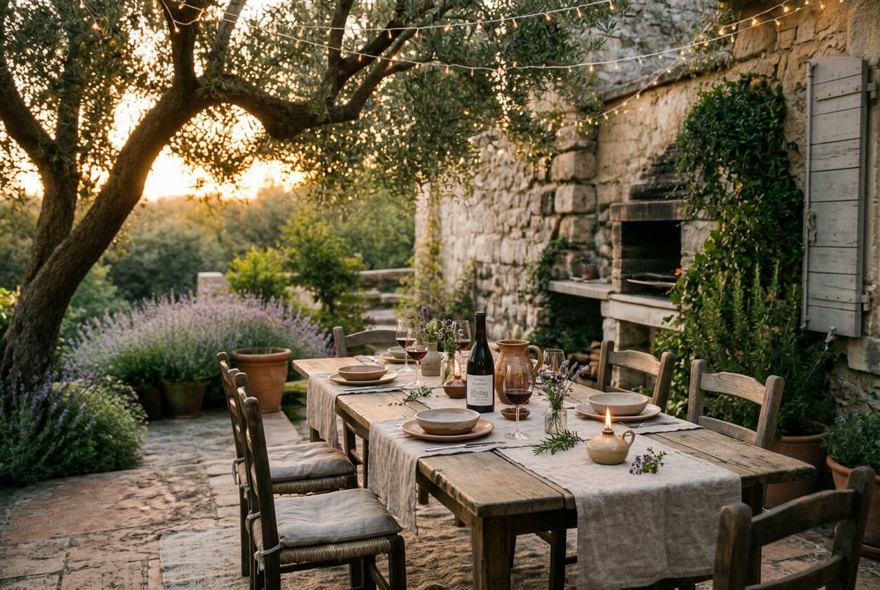 Authentic Mediterranean garden at dusk — vintage wooden table set for six under olive trees, lavender, stone barbecue