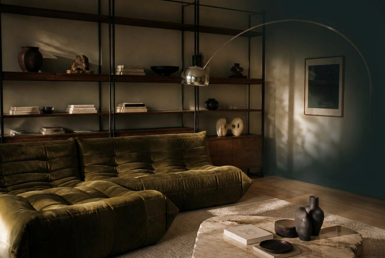 Contemporary living room with Ligne Roset Togo sofa, walnut shelving and Flos Arco lamp
