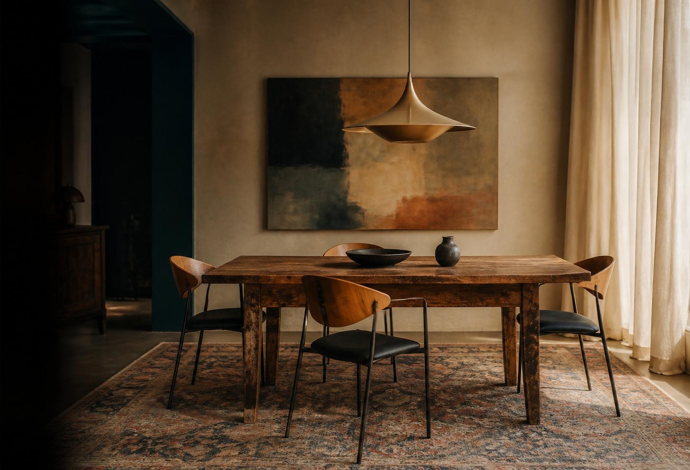 Continuation of the same interior — vintage wooden dining table, contemporary pendant light and abstract artwork, matching vintage rug
